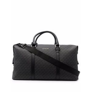 New Michael Kors Black Hudson Monogram Logo Coated Canvas Duffle Travel Bag